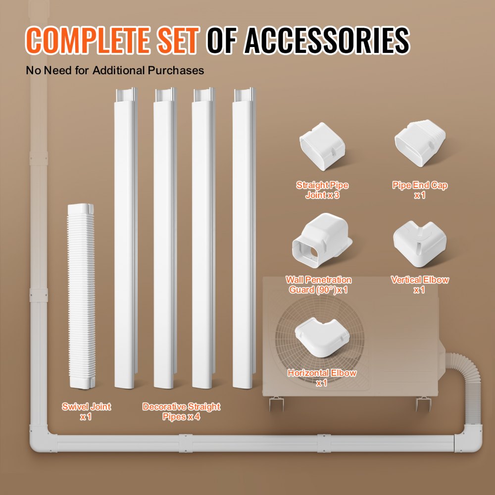 VEVOR Mini Split Line Set Cover 3-inch W 15.8Ft L, PVC Decorative Pipe Line Cover For Air Conditioner with 4 Straight Ducts & Full Components Easy to Install, Paintable for Heat Pumps, White