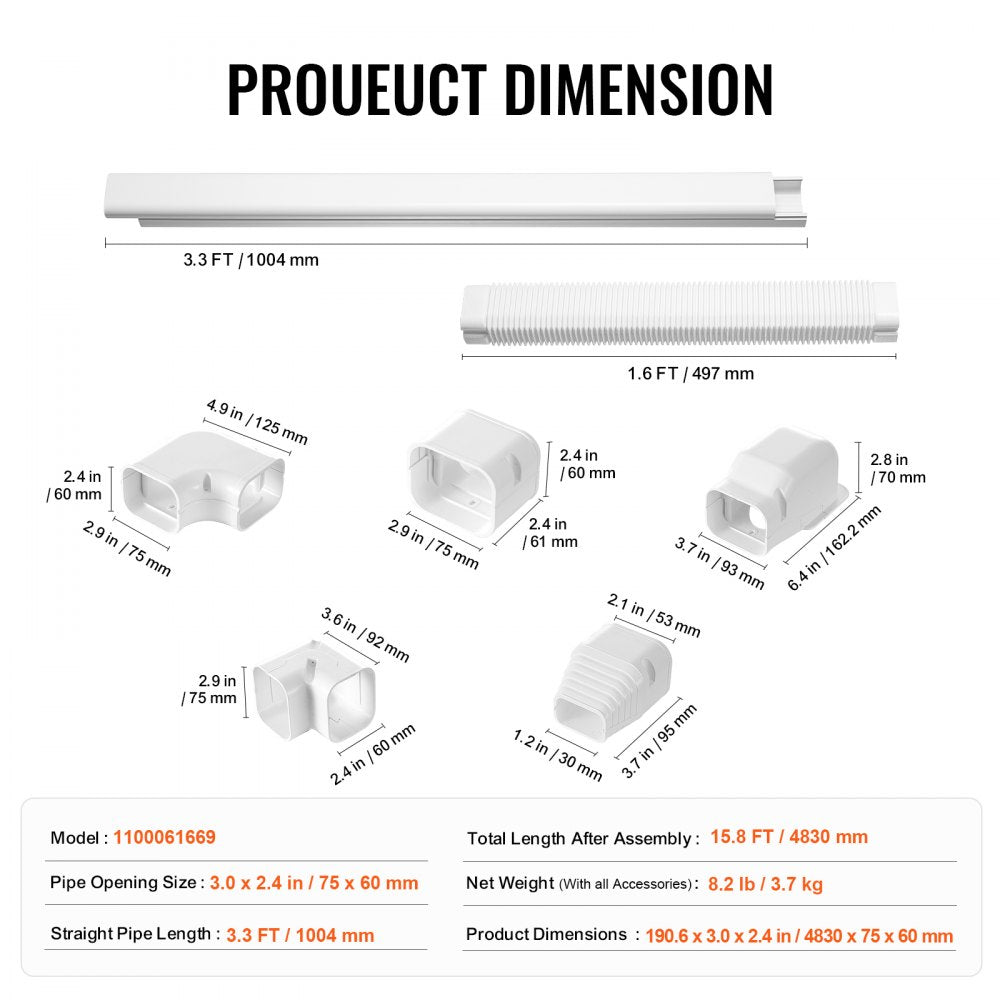 VEVOR Mini Split Line Set Cover 3-inch W 15.8Ft L, PVC Decorative Pipe Line Cover For Air Conditioner with 4 Straight Ducts & Full Components Easy to Install, Paintable for Heat Pumps, White