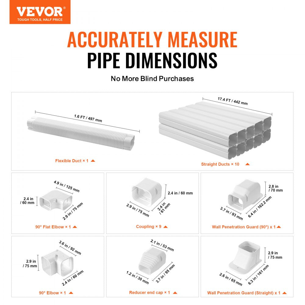 VEVOR Mini Split Line Set Cover 3-inch W 17.7Ft L, PVC Decorative Pipe Line Cover For Air Conditioner with 10 Straight Ducts & Full Components Easy to Install, Paintable for Heat Pumps, White