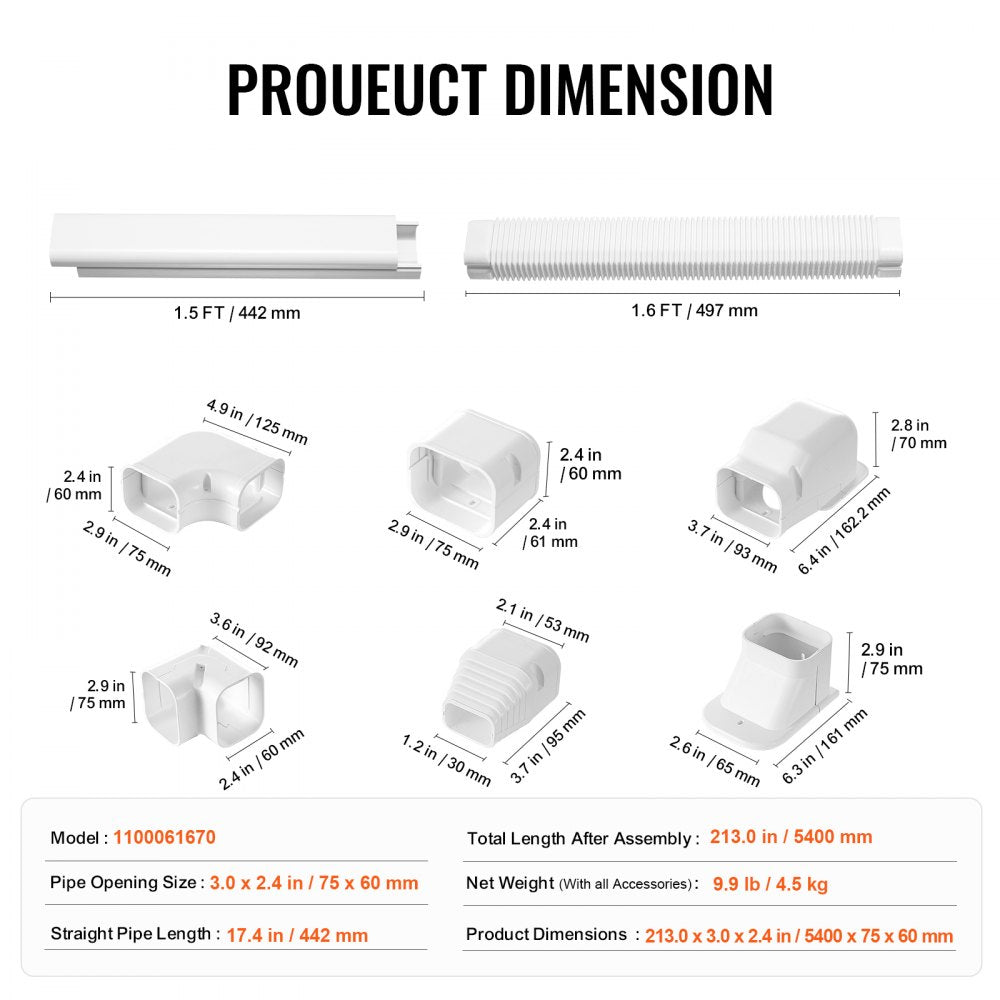 VEVOR Mini Split Line Set Cover 3-inch W 17.7Ft L, PVC Decorative Pipe Line Cover For Air Conditioner with 10 Straight Ducts & Full Components Easy to Install, Paintable for Heat Pumps, White