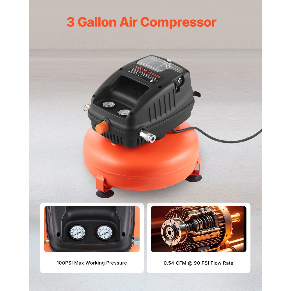 VEVOR 3 Gallon Air Compressor, 1/3HP 0.54CFM @ 90PSI Portable Pancake Air Compressor & 100PSI Max Working Pressure, Oil-Free Compressor Tank for Tire Inflation, Spray Painting, Woodwork Nailing, 120V