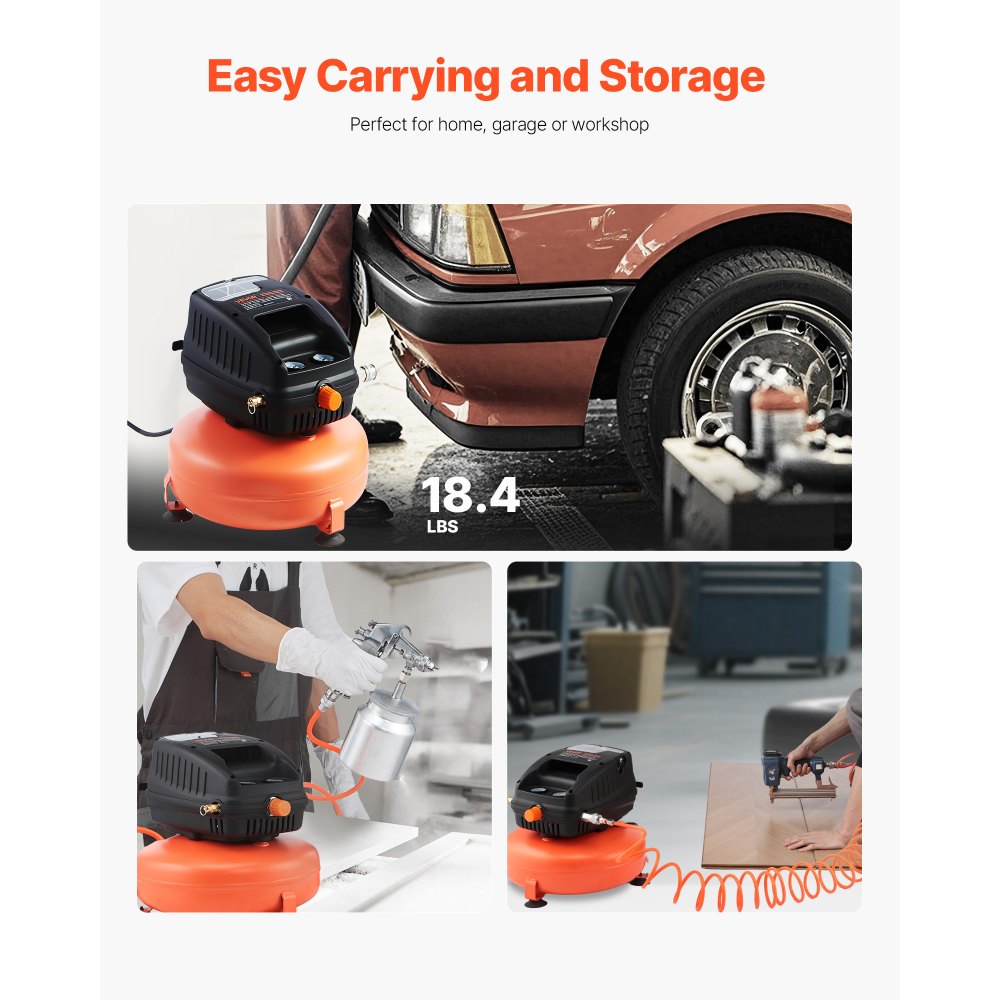 VEVOR 3 Gallon Air Compressor, 1/3HP 0.54CFM @ 90PSI Portable Pancake Air Compressor & 100PSI Max Working Pressure, Oil-Free Compressor Tank for Tire Inflation, Spray Painting, Woodwork Nailing, 120V