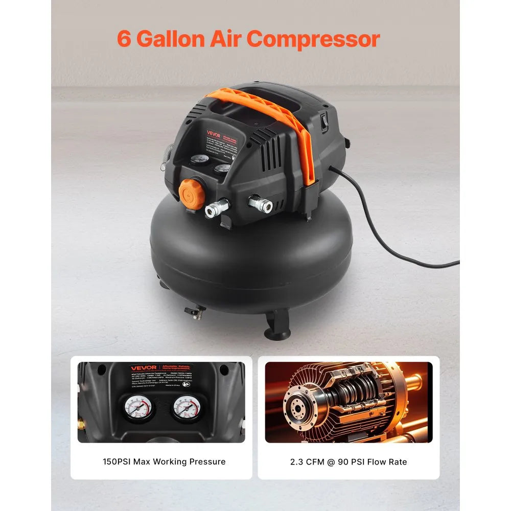 VEVOR 6 Gallon Air Compressor, 1.7HP 2.3CFM @ 90PSI Portable Pancake Air Compressor & 150PSI Max Working Pressure, Oil-Free Compressor Tank for Tire Inflation, Spray Painting, Woodwork Nailing, 120V