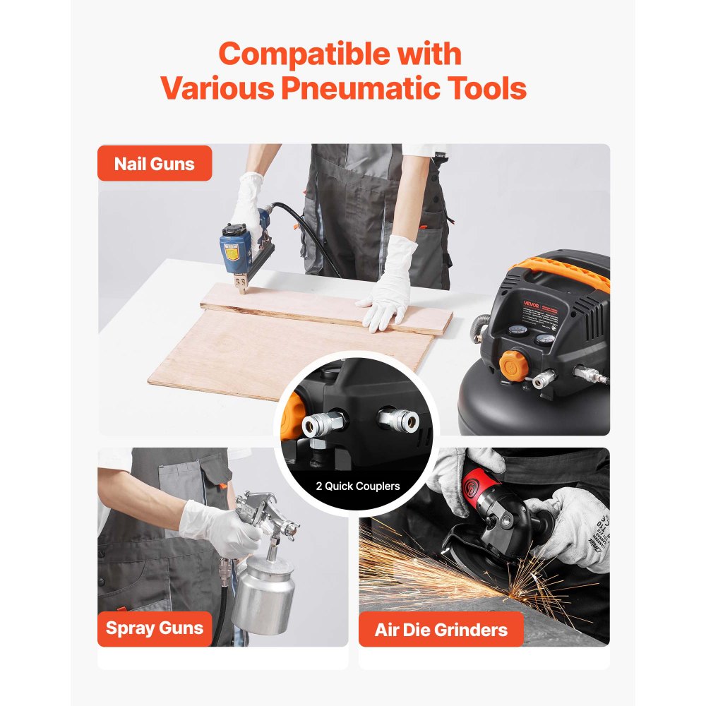 VEVOR 6 Gallon Air Compressor, 1.7HP 2.3CFM@90PSI Portable Pancake Air Compressor & 150PSI Max Pressure, 12-Piece Accessory Kit with 50FT Air Hose for Tire Inflation, Spray Painting, Woodwork Nailing