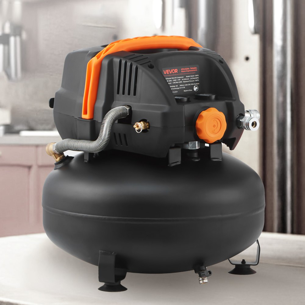 VEVOR 6 Gallon Air Compressor, 1.7HP 2.3CFM@90PSI Portable Pancake Air Compressor & 150PSI Max Pressure, 12-Piece Accessory Kit with 50FT Air Hose for Tire Inflation, Spray Painting, Woodwork Nailing