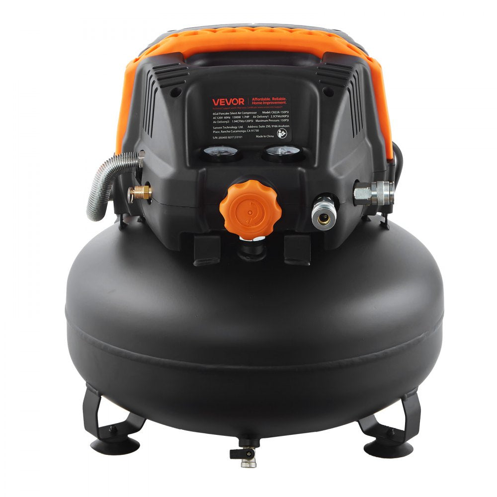 VEVOR 6 Gallon Air Compressor, 1.7HP 2.3CFM@90PSI Portable Pancake Air Compressor & 150PSI Max Pressure, 12-Piece Accessory Kit with 50FT Air Hose for Tire Inflation, Spray Painting, Woodwork Nailing