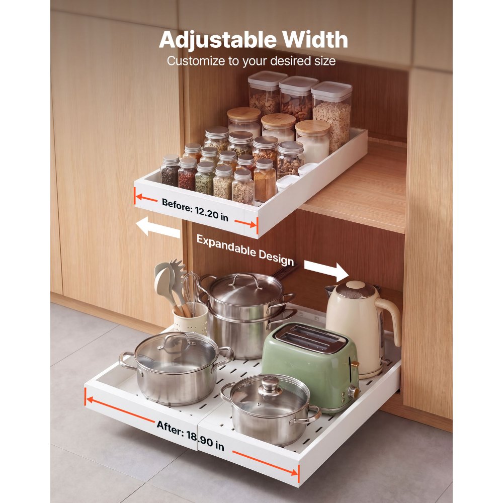VEVOR Pull Out Cabinet Organizer, 2 Pack Expandable Width (12.2"-18.9"), 20.47" Deep Pull Out Drawers for Cabinets, Sliding Drawer for Kitchen Pantry Cabinet Organizer with Nano Adhesive Strips, White