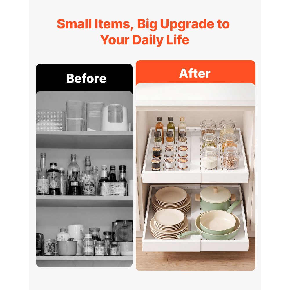 VEVOR Pull Out Cabinet Organizer, 2 Pack Expandable Width (12.2"-18.9"), 20.47" Deep Pull Out Drawers for Cabinets, Sliding Drawer for Kitchen Pantry Cabinet Organizer with Nano Adhesive Strips, White