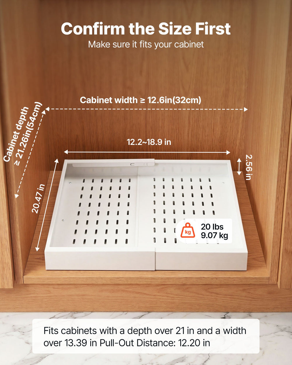 VEVOR Pull Out Cabinet Organizer, 2 Pack Expandable Width (12.2"-18.9"), 20.47" Deep Pull Out Drawers for Cabinets, Sliding Drawer for Kitchen Pantry Cabinet Organizer with Nano Adhesive Strips, White