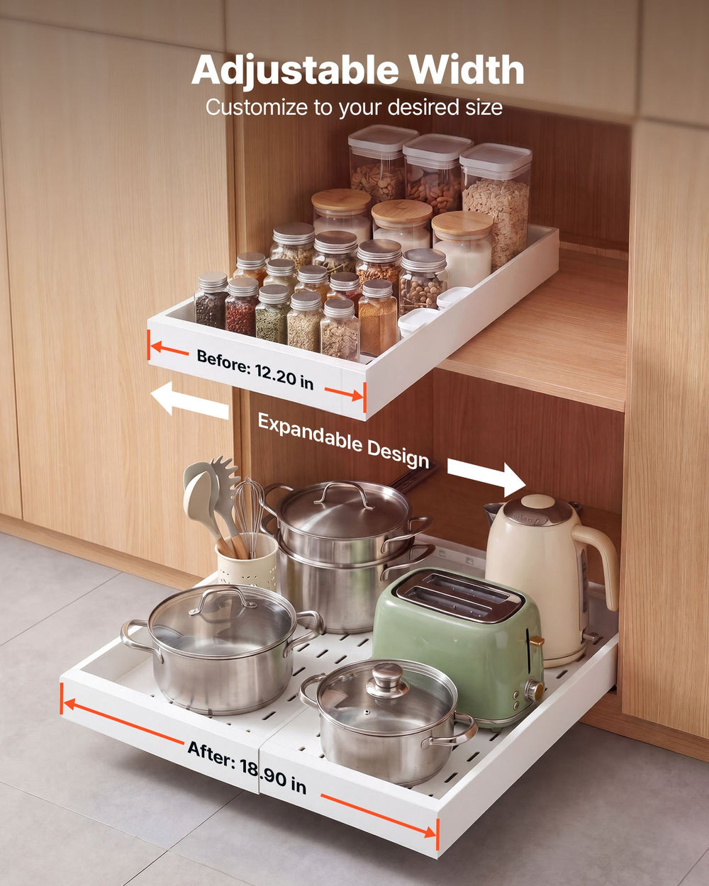 VEVOR Pull Out Cabinet Organizer, 2 Pack Expandable Width (12.2"-18.9"), 20.47" Deep Pull Out Drawers for Cabinets, Sliding Drawer for Kitchen Pantry Cabinet Organizer with Nano Adhesive Strips, White
