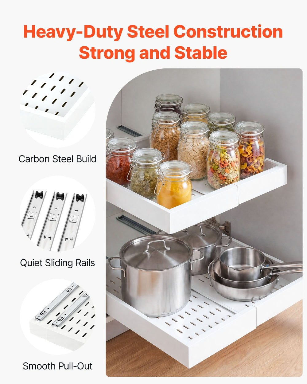 VEVOR Pull Out Cabinet Organizer, 2 Pack Expandable Width (12.2"-18.9"), 20.47" Deep Pull Out Drawers for Cabinets, Sliding Drawer for Kitchen Pantry Cabinet Organizer with Nano Adhesive Strips, White
