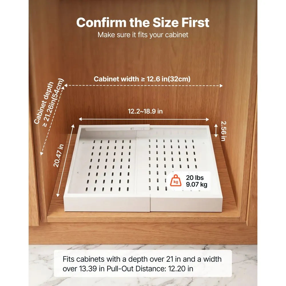 VEVOR Pull Out Cabinet Organizer, 4 Pack Expandable Width (12.2"-18.9"), 20.47" Deep Pull Out Drawers for Cabinets, Sliding Drawer for Kitchen Pantry Cabinet Organizer with Nano Adhesive Strips, White
