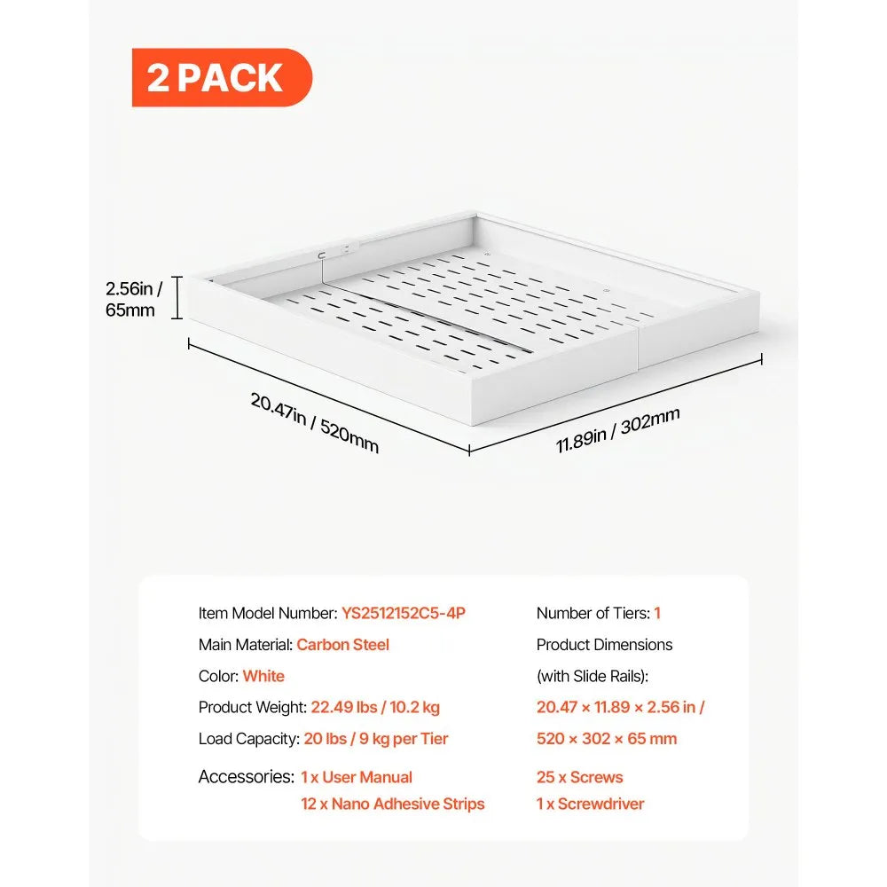 VEVOR Pull Out Cabinet Organizer, 4 Pack Expandable Width (12.2"-18.9"), 20.47" Deep Pull Out Drawers for Cabinets, Sliding Drawer for Kitchen Pantry Cabinet Organizer with Nano Adhesive Strips, White