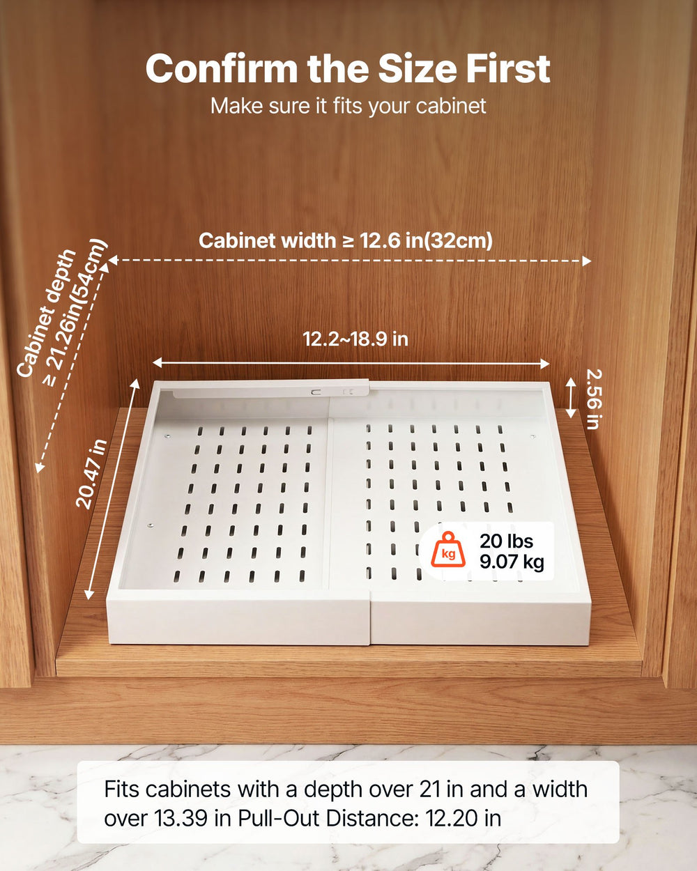 VEVOR Pull Out Cabinet Organizer, 4 Pack Expandable Width (12.2"-18.9"), 20.47" Deep Pull Out Drawers for Cabinets, Sliding Drawer for Kitchen Pantry Cabinet Organizer with Nano Adhesive Strips, White