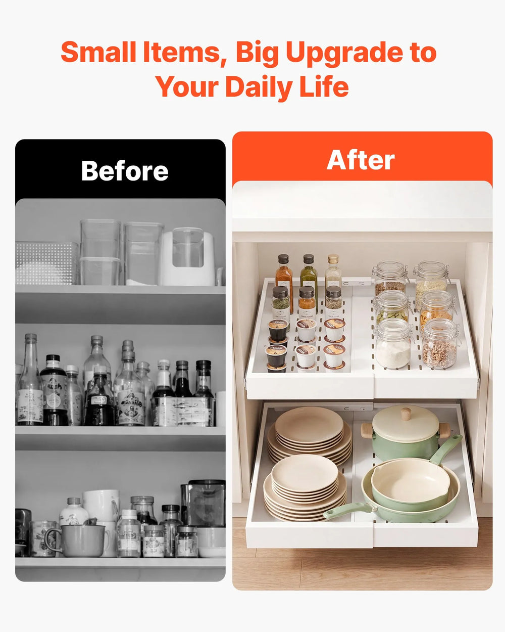 VEVOR Pull Out Cabinet Organizer, 4 Pack Expandable Width (12.2"-18.9"), 20.47" Deep Pull Out Drawers for Cabinets, Sliding Drawer for Kitchen Pantry Cabinet Organizer with Nano Adhesive Strips, White