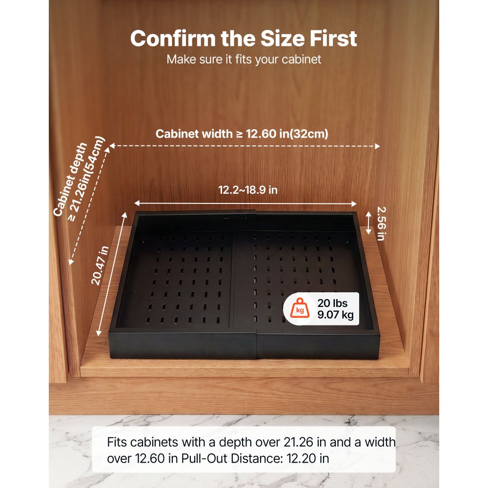 VEVOR Pull Out Cabinet Organizer, 2 Pack Expandable Width (12.2"-18.9"), 20.47" Deep Pull Out Drawers for Cabinets, Sliding Drawer for Kitchen Pantry Cabinet Organizer with Nano Adhesive Strips, Black