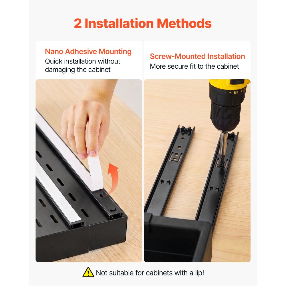 VEVOR Pull Out Cabinet Organizer, 2 Pack Expandable Width (12.2"-18.9"), 20.47" Deep Pull Out Drawers for Cabinets, Sliding Drawer for Kitchen Pantry Cabinet Organizer with Nano Adhesive Strips, Black