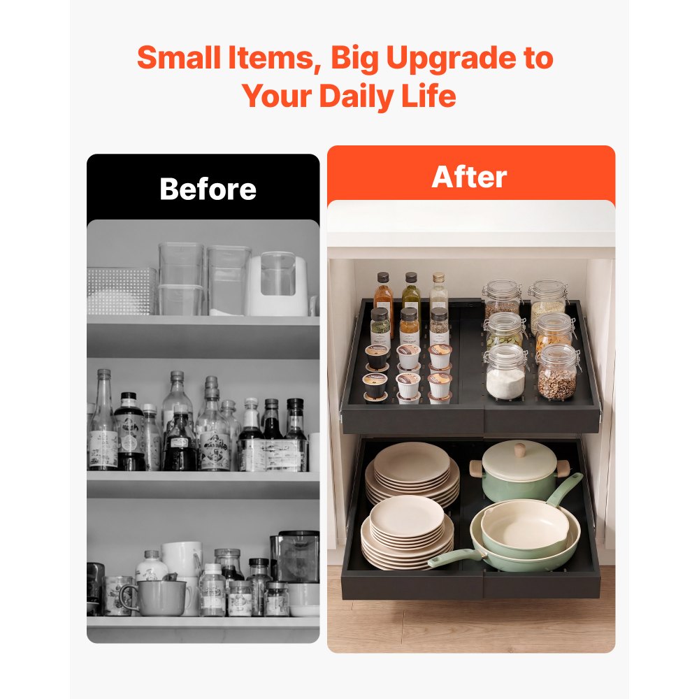 VEVOR Pull Out Cabinet Organizer, 2 Pack Expandable Width (12.2"-18.9"), 20.47" Deep Pull Out Drawers for Cabinets, Sliding Drawer for Kitchen Pantry Cabinet Organizer with Nano Adhesive Strips, Black