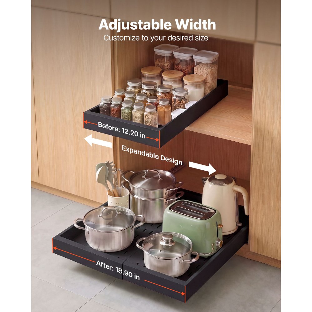 VEVOR Pull Out Cabinet Organizer, 4 Pack Expandable Width (12.2"-18.9"), 20.47" Deep Pull Out Drawers for Cabinets, Sliding Drawer for Kitchen Pantry Cabinet Organizer with Nano Adhesive Strips, Black