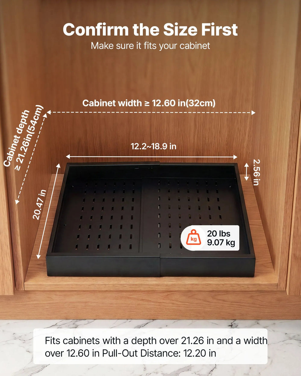 VEVOR Pull Out Cabinet Organizer, 4 Pack Expandable Width (12.2"-18.9"), 20.47" Deep Pull Out Drawers for Cabinets, Sliding Drawer for Kitchen Pantry Cabinet Organizer with Nano Adhesive Strips, Black