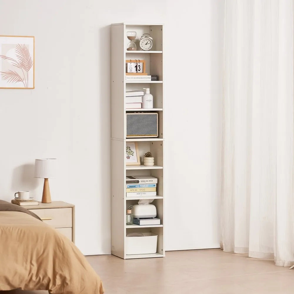 VEVOR 8 Tiers Narrow Bookshelf, 71 in Wooden Tall Open Bookcase with  Height-Adjustable Shelf, Freestanding Display Storage Floor Bookcase Bookshelf for Library, Bedroom, Living Room, Office, White