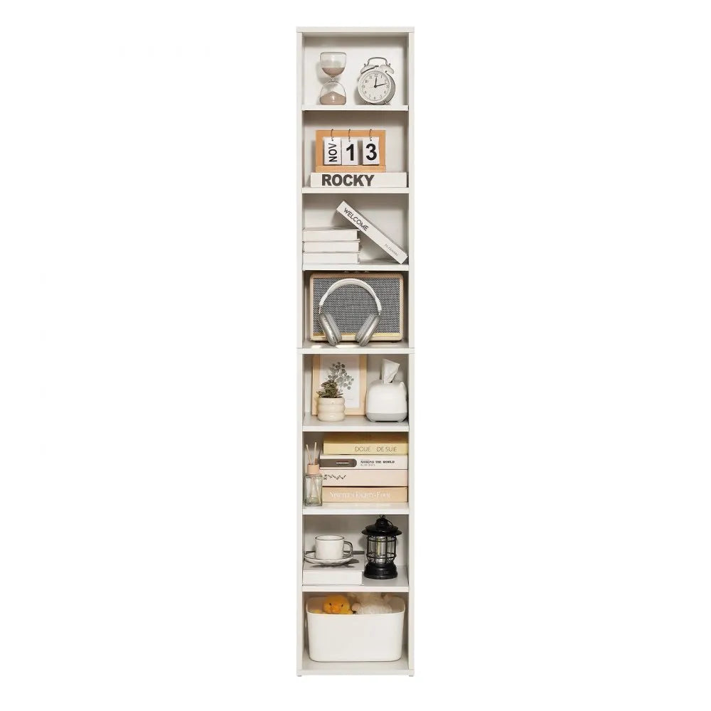 VEVOR 8 Tiers Narrow Bookshelf, 71 in Wooden Tall Open Bookcase with  Height-Adjustable Shelf, Freestanding Display Storage Floor Bookcase Bookshelf for Library, Bedroom, Living Room, Office, White