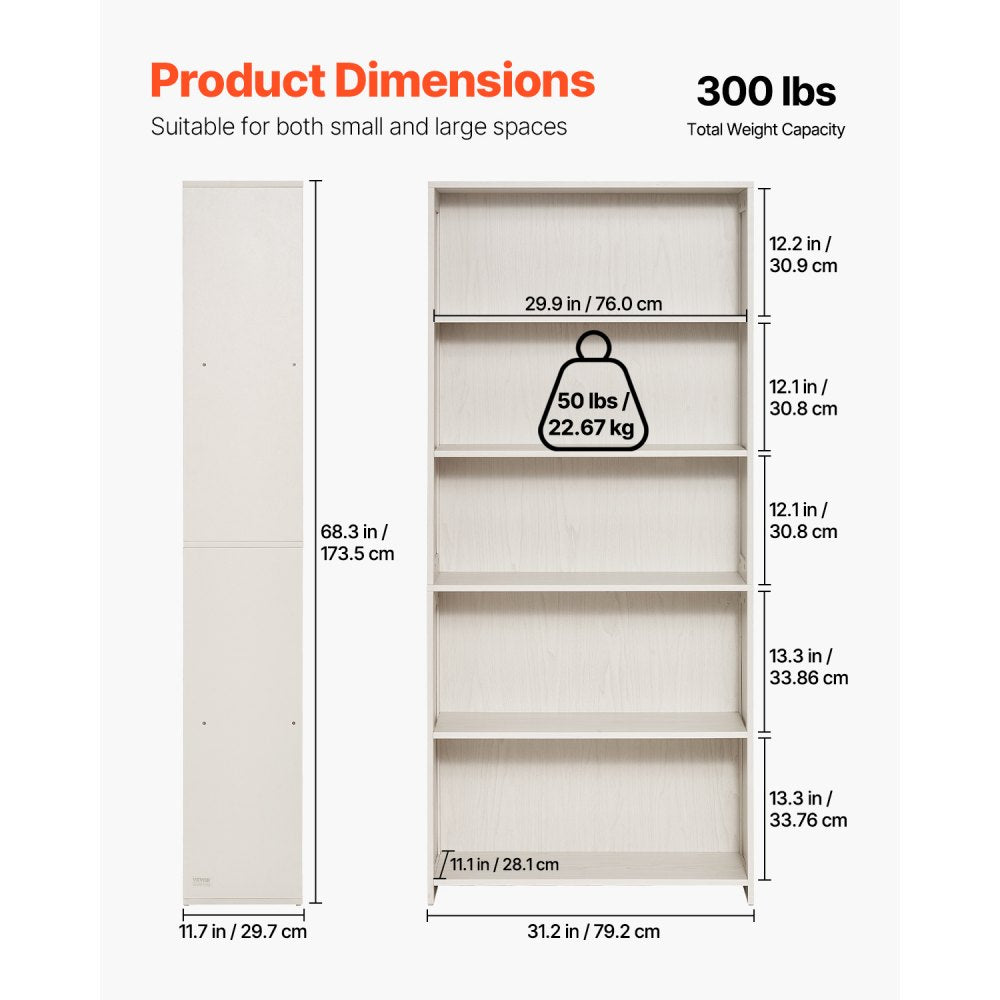 VEVOR 5 Tiers Wide Bookshelf, 68 in Wooden Open Bookcase with Display Storage Organizer Shelf, Freestanding Tall Display Floor Bookcase Bookshelf for Library, Bedroom, Living Room, Office, White