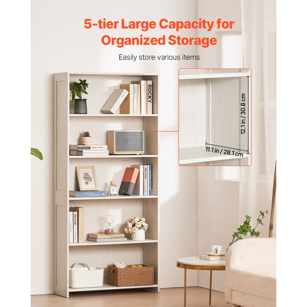 VEVOR 5 Tiers Wide Bookshelf, 68 in Wooden Open Bookcase with Display Storage Organizer Shelf, Freestanding Tall Display Floor Bookcase Bookshelf for Library, Bedroom, Living Room, Office, White