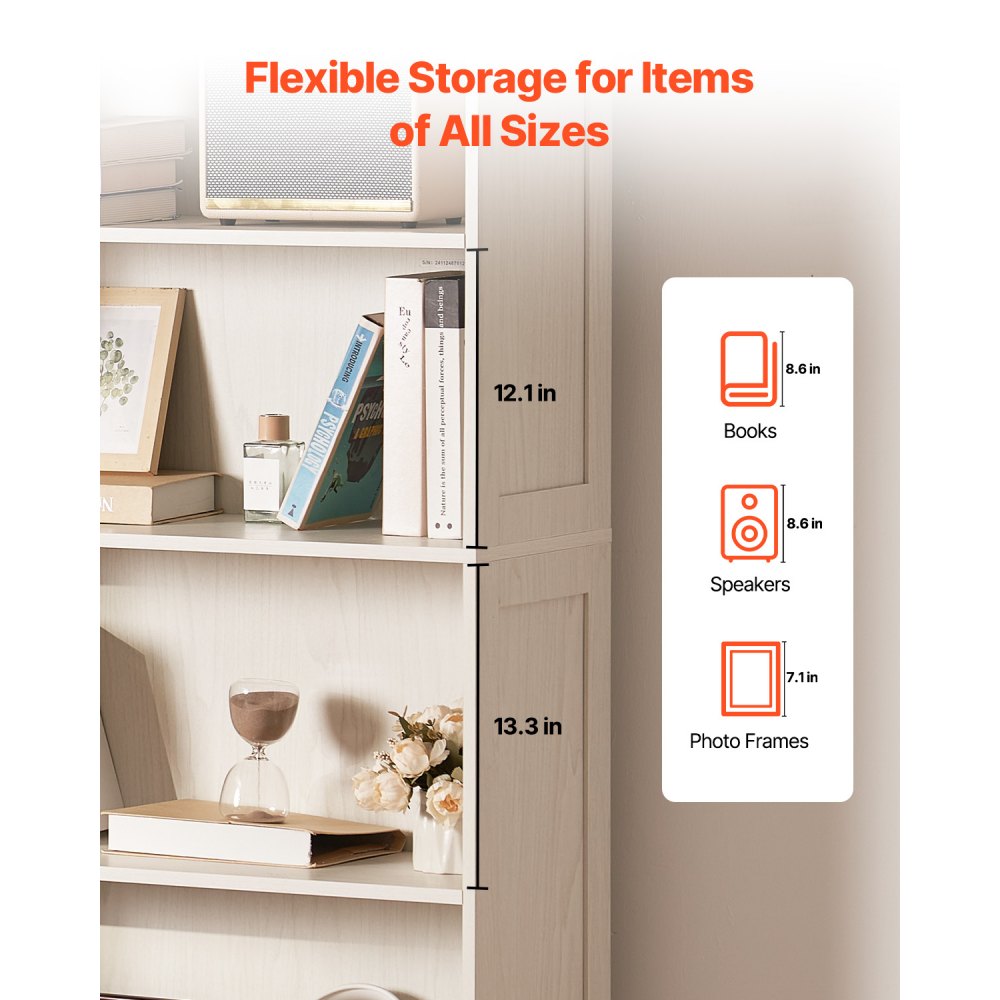 VEVOR 5 Tiers Wide Bookshelf, 68 in Wooden Open Bookcase with Display Storage Organizer Shelf, Freestanding Tall Display Floor Bookcase Bookshelf for Library, Bedroom, Living Room, Office, White