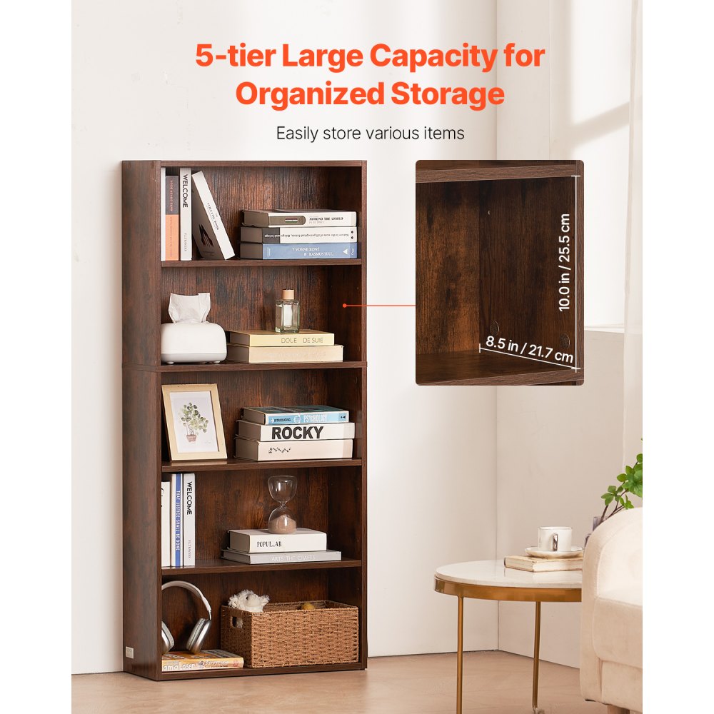 VEVOR 5 Tiers Narrow Bookshelf, 53 in Wooden Open Bookcase with Height-Adjustable Shelf, Freestanding Tall Display Storage Floor Bookcase Bookshelf for Library, Bedroom, Living Room, Office, Brown