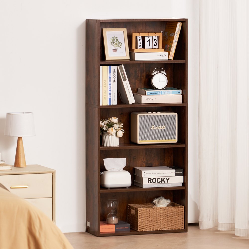 VEVOR 5 Tiers Narrow Bookshelf, 53 in Wooden Open Bookcase with Height-Adjustable Shelf, Freestanding Tall Display Storage Floor Bookcase Bookshelf for Library, Bedroom, Living Room, Office, Brown