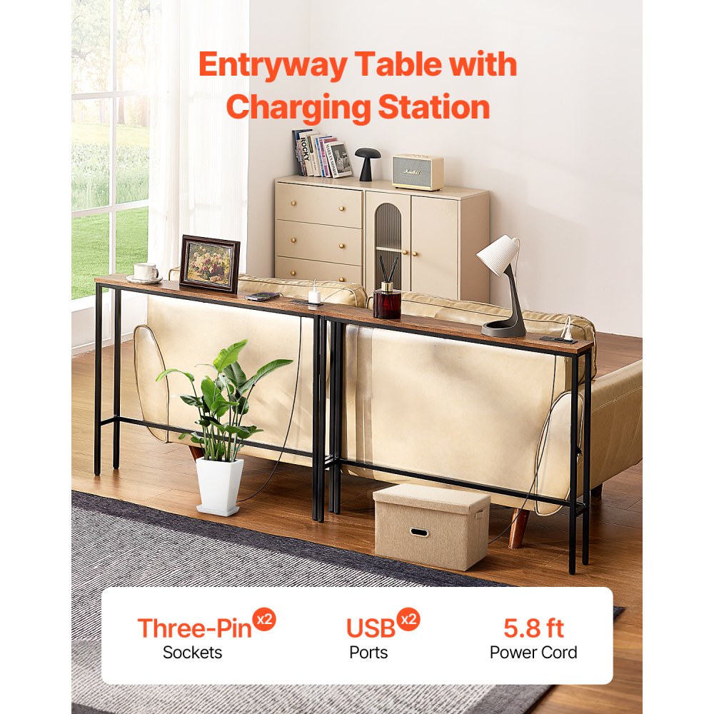 VEVOR Narrow Console Table, 2 Pack Behind Couch Table with Power Outlets, 1-Tier Long Entryway Table, Narrow Sofa Table with Metal Frame and Charge Station, for Entryway, Hallway, Living Room