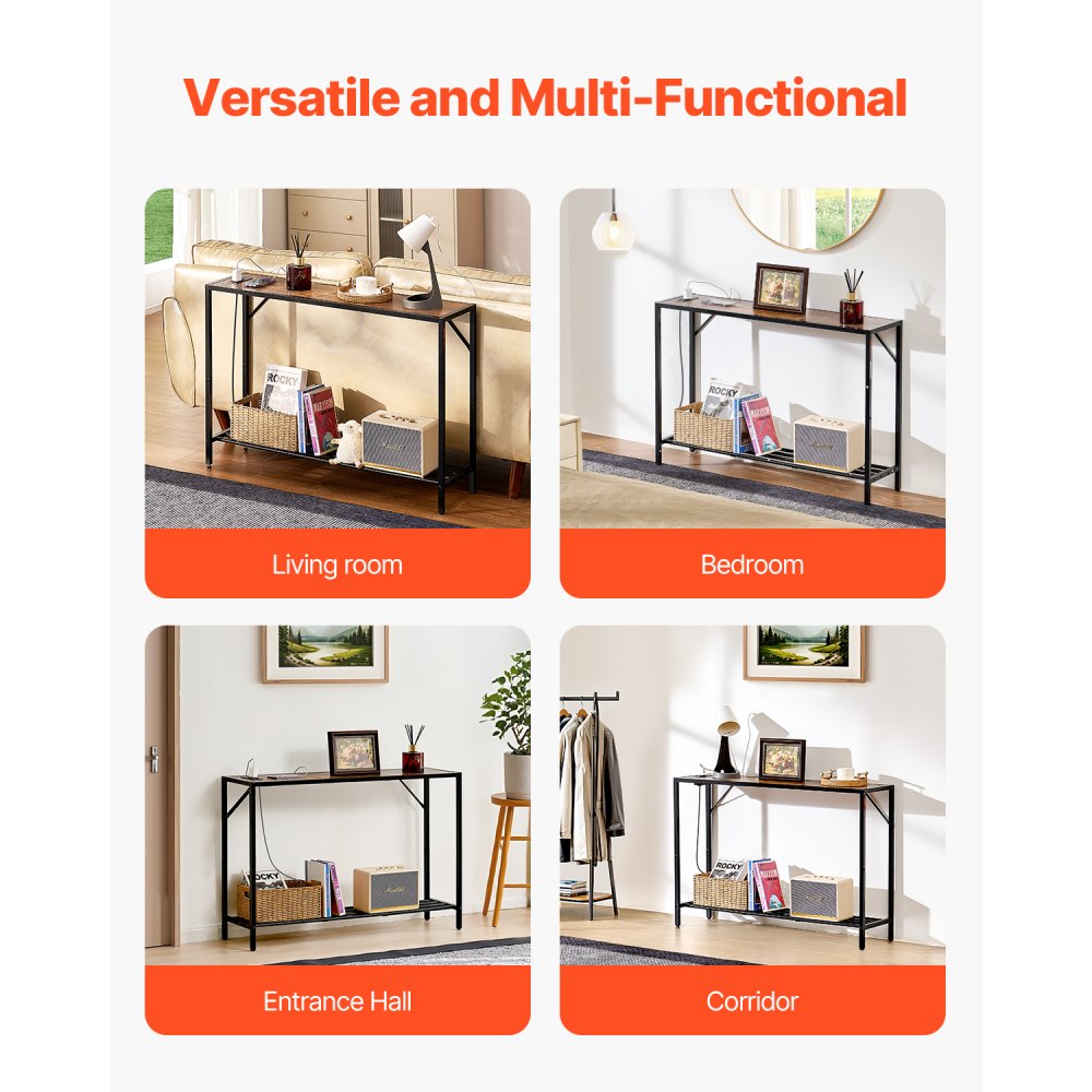 VEVOR Narrow Console Table, 41.7" Behind Couch Table with Power Outlets, 2-Tier Long Entryway Table, Sofa Table with Metal Frame and Charge Station, for Entryway, Hallway, Living Room
