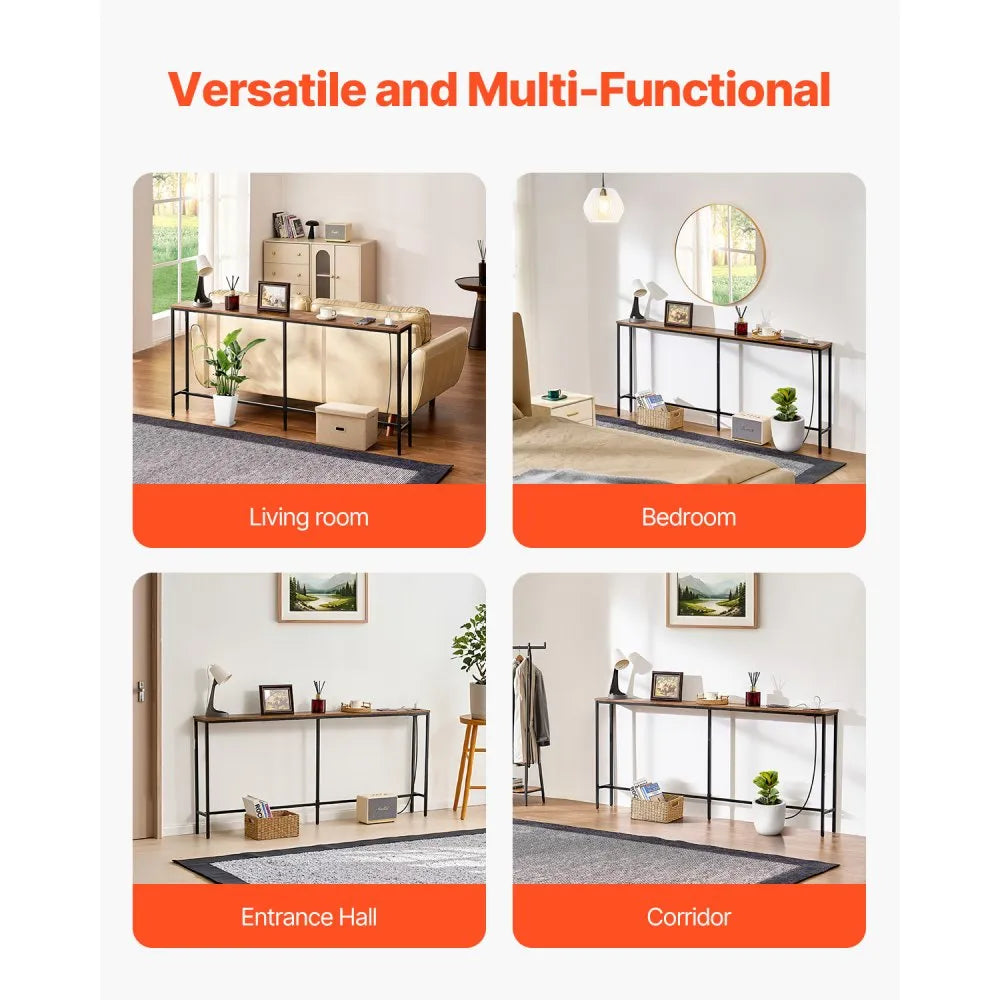 VEVOR Narrow Console Table, 70.9" Behind Couch Table with Power Outlets, 1-Tier Long Entryway Table, Narrow Sofa Table with Metal Frame and Charge Station, for Entryway, Hallway, Living Room