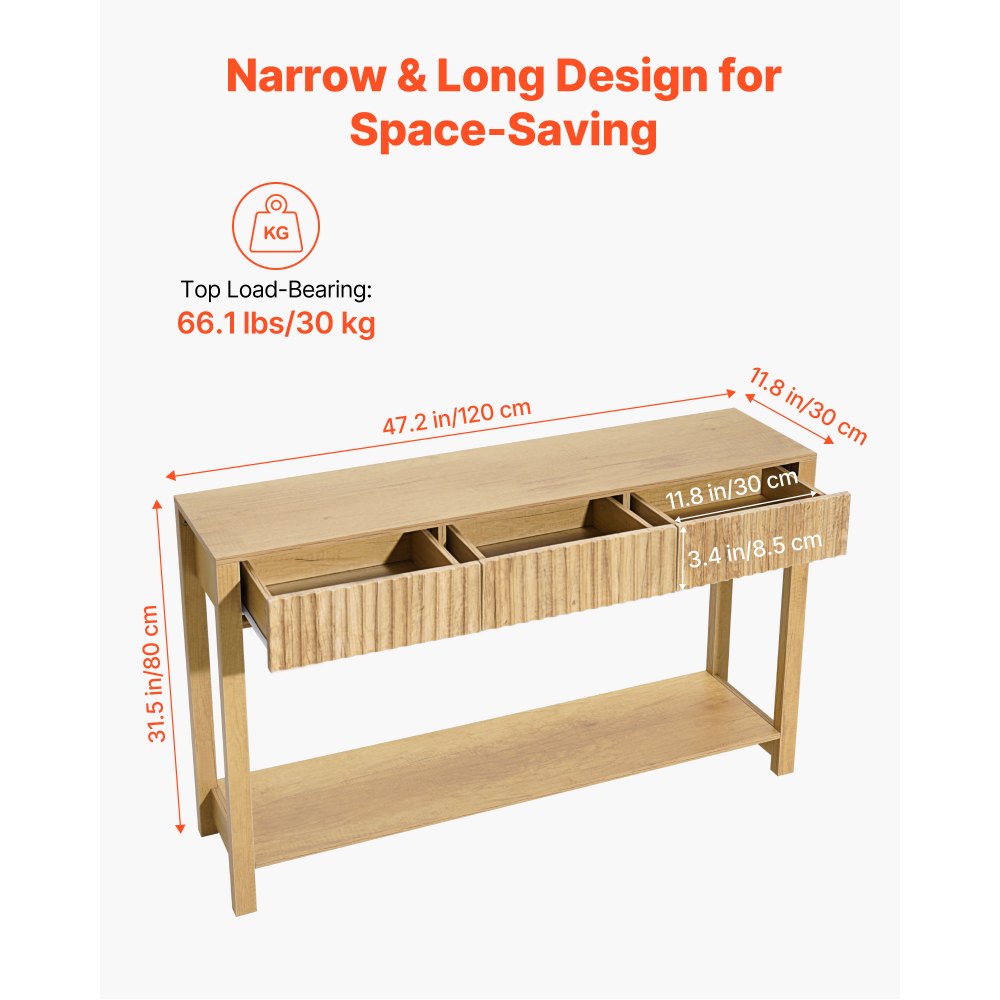 VEVOR 47 in Console Table, Farmhouse Desk Behind the Couch with Drawers and Bottom Storage Shelf, Wooden Rectangle Entrance Narrow Sofa Table for Hallway, Bedroom, Living Room, Foyer, Burlywood
