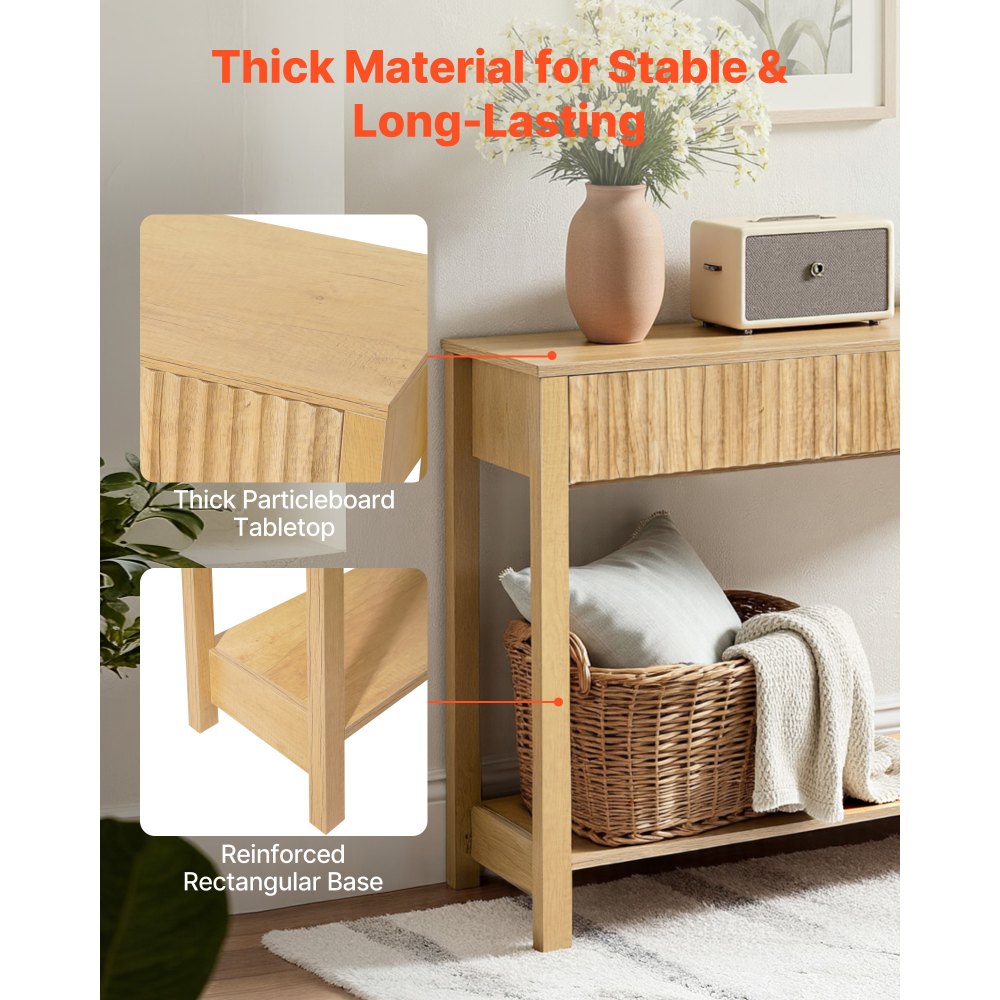 VEVOR 47 in Console Table, Farmhouse Desk Behind the Couch with Drawers and Bottom Storage Shelf, Wooden Rectangle Entrance Narrow Sofa Table for Hallway, Bedroom, Living Room, Foyer, Burlywood