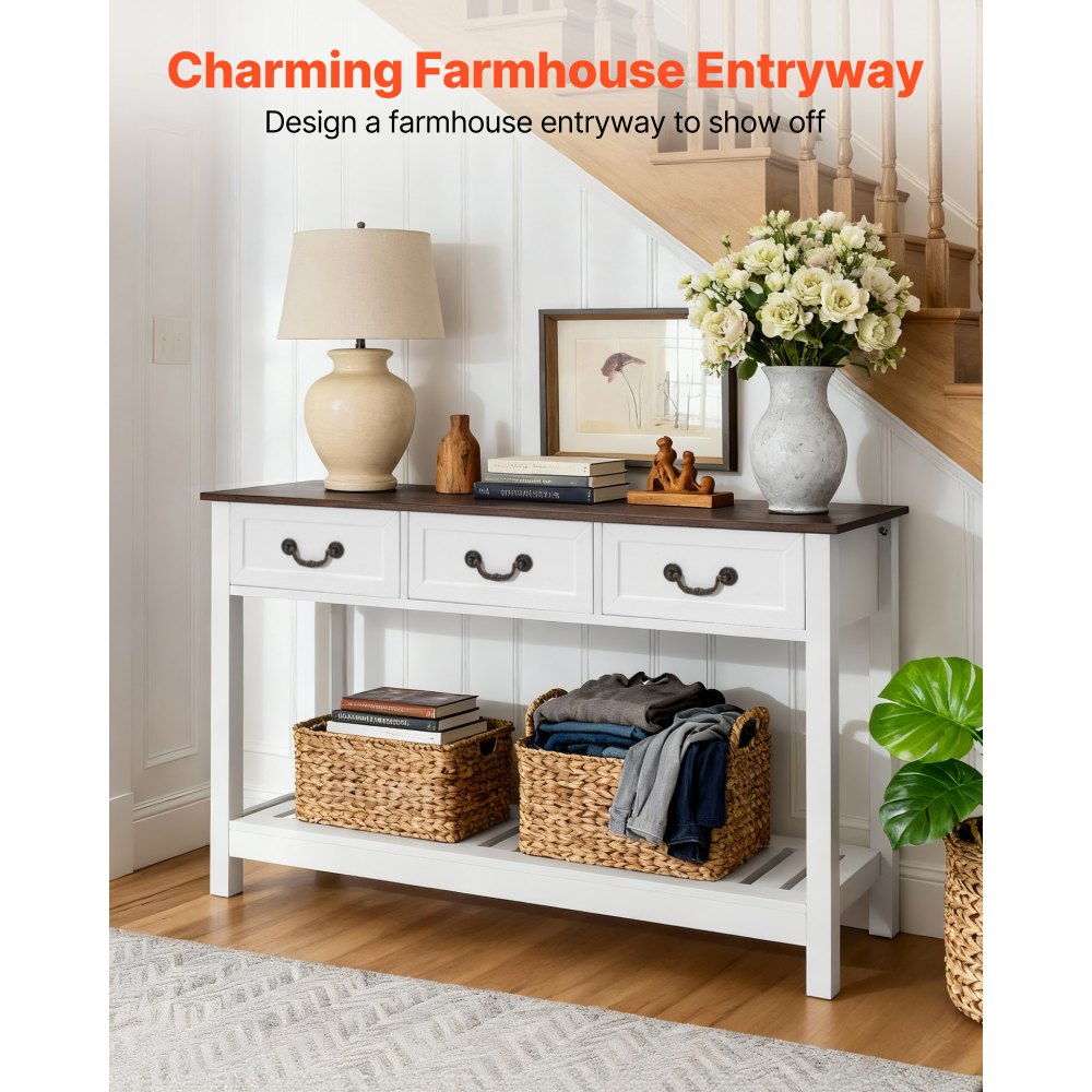 VEVOR 47 in Console Table, Farmhouse Desk Behind the Couch with Drawers and Bottom Storage Shelf, Wooden Rectangle Entrance Narrow Sofa Table for Hallway, Bedroom, Living Room, Foyer, Brown + White