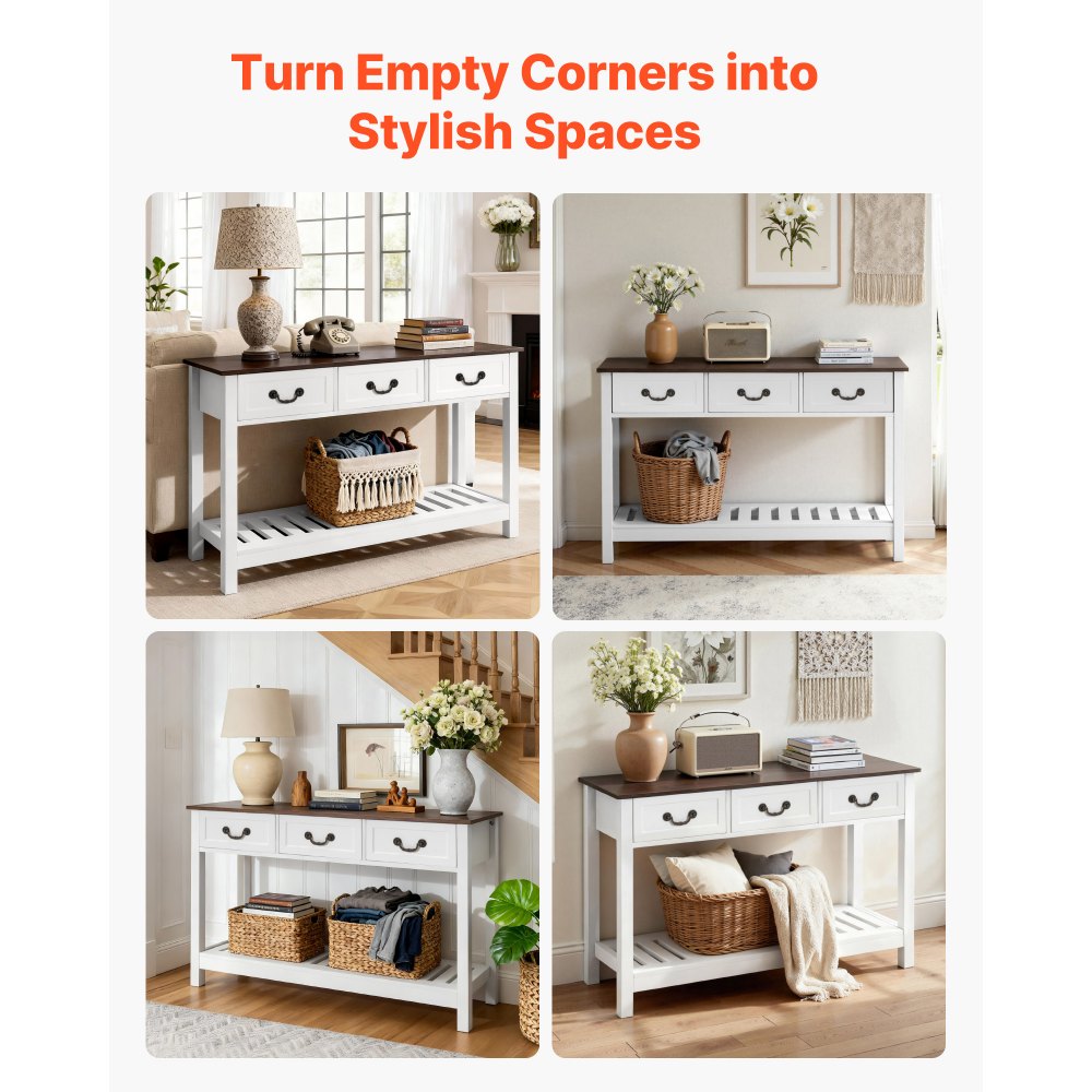 VEVOR 47 in Console Table, Farmhouse Desk Behind the Couch with Drawers and Bottom Storage Shelf, Wooden Rectangle Entrance Narrow Sofa Table for Hallway, Bedroom, Living Room, Foyer, Brown + White