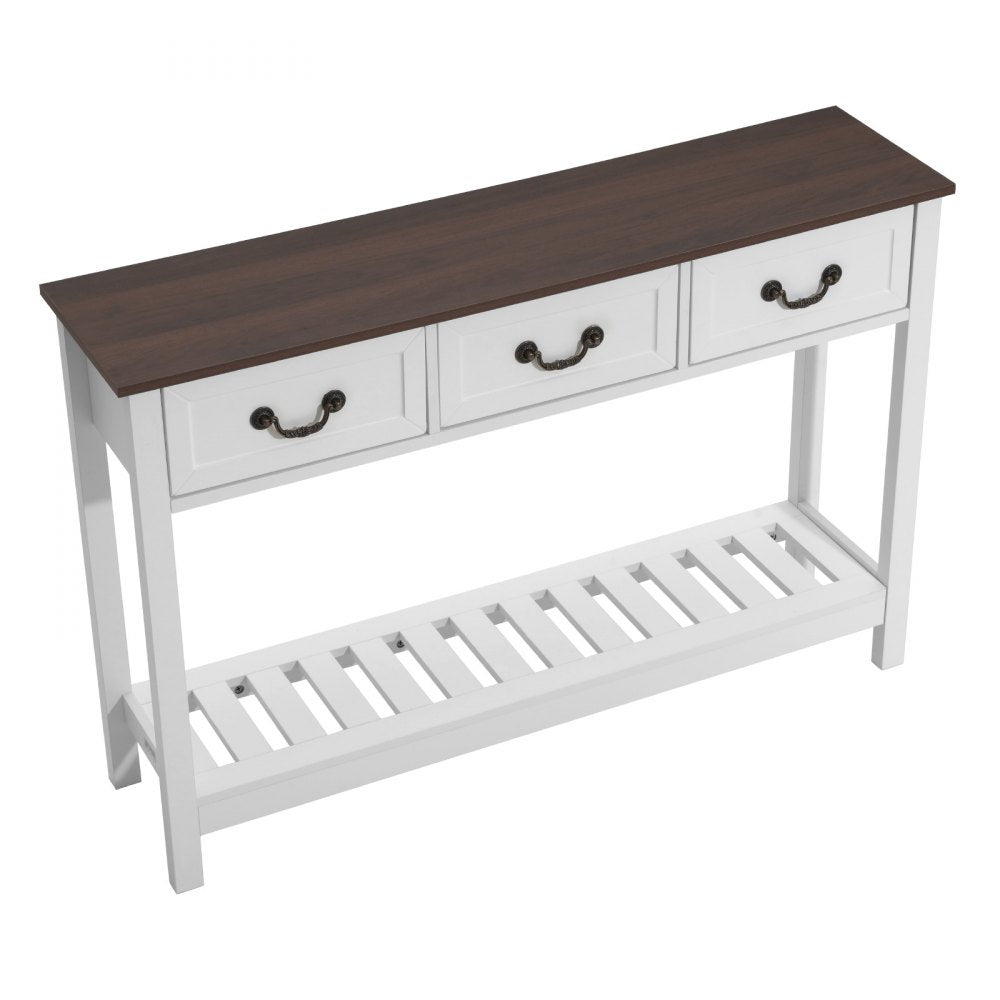 VEVOR 47 in Console Table, Farmhouse Desk Behind the Couch with Drawers and Bottom Storage Shelf, Wooden Rectangle Entrance Narrow Sofa Table for Hallway, Bedroom, Living Room, Foyer, Brown + White