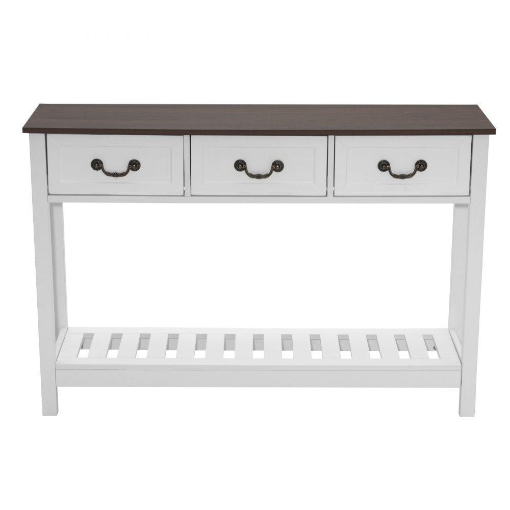 VEVOR 47 in Console Table, Farmhouse Desk Behind the Couch with Drawers and Bottom Storage Shelf, Wooden Rectangle Entrance Narrow Sofa Table for Hallway, Bedroom, Living Room, Foyer, Brown + White