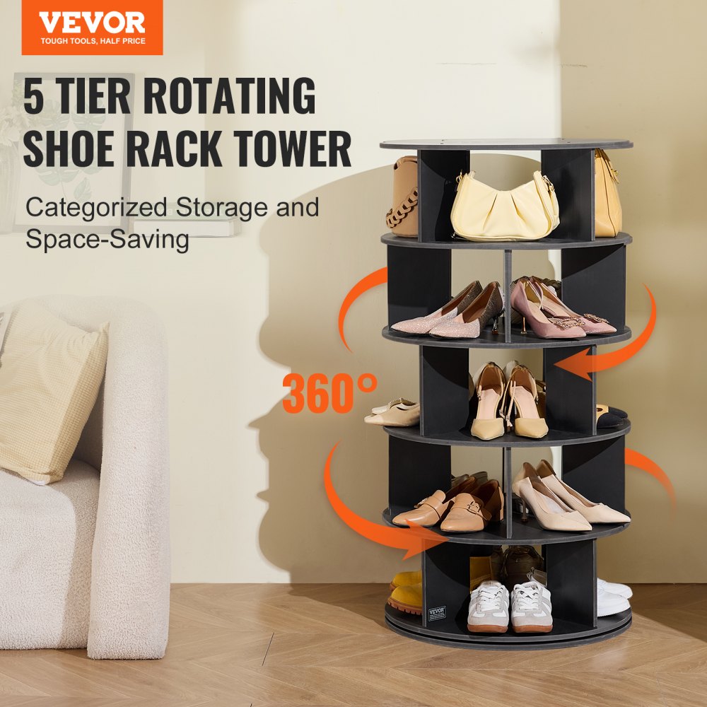 VEVOR 5 Tiers Rotating Shoe Rack Tower, 360°Spinning Shoe Display, Revolving Shoe Rack Storage Round Carousel, Lazy Susan Shoe Rack Organizer, Ideal for Bedroom, Living Room, Entryway, Black