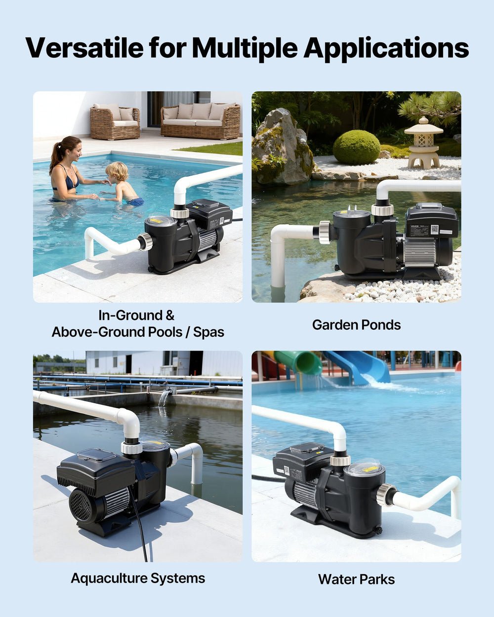 VEVOR Variable Speed Pool Pump - multiple application scenarios (pools, ponds, aquaculture, water parks)