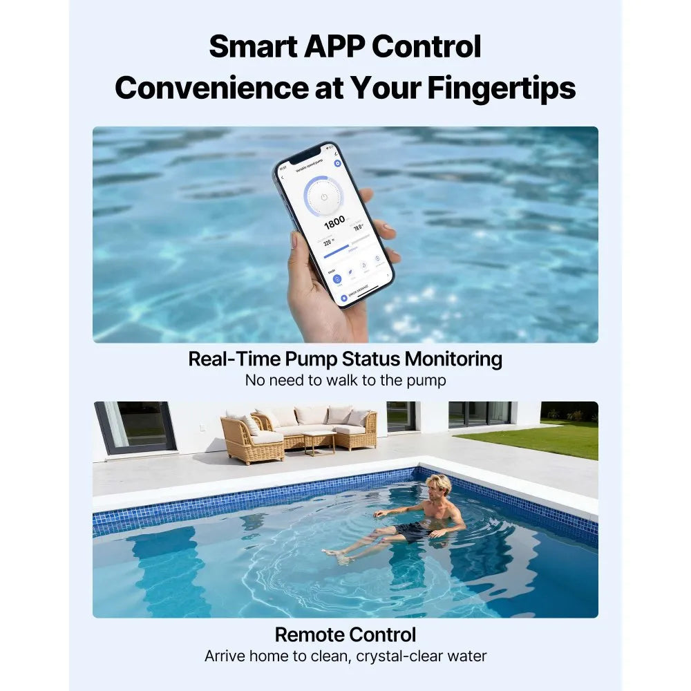 VEVOR Variable Speed Pool Pump, 2 HP, AC 220-240V, 145 GPM, In/Above Swimming Pool Pump with Filter Basket, Powerful Self Priming, Programmable Timer, for Inground and Above Ground Swimming Pool