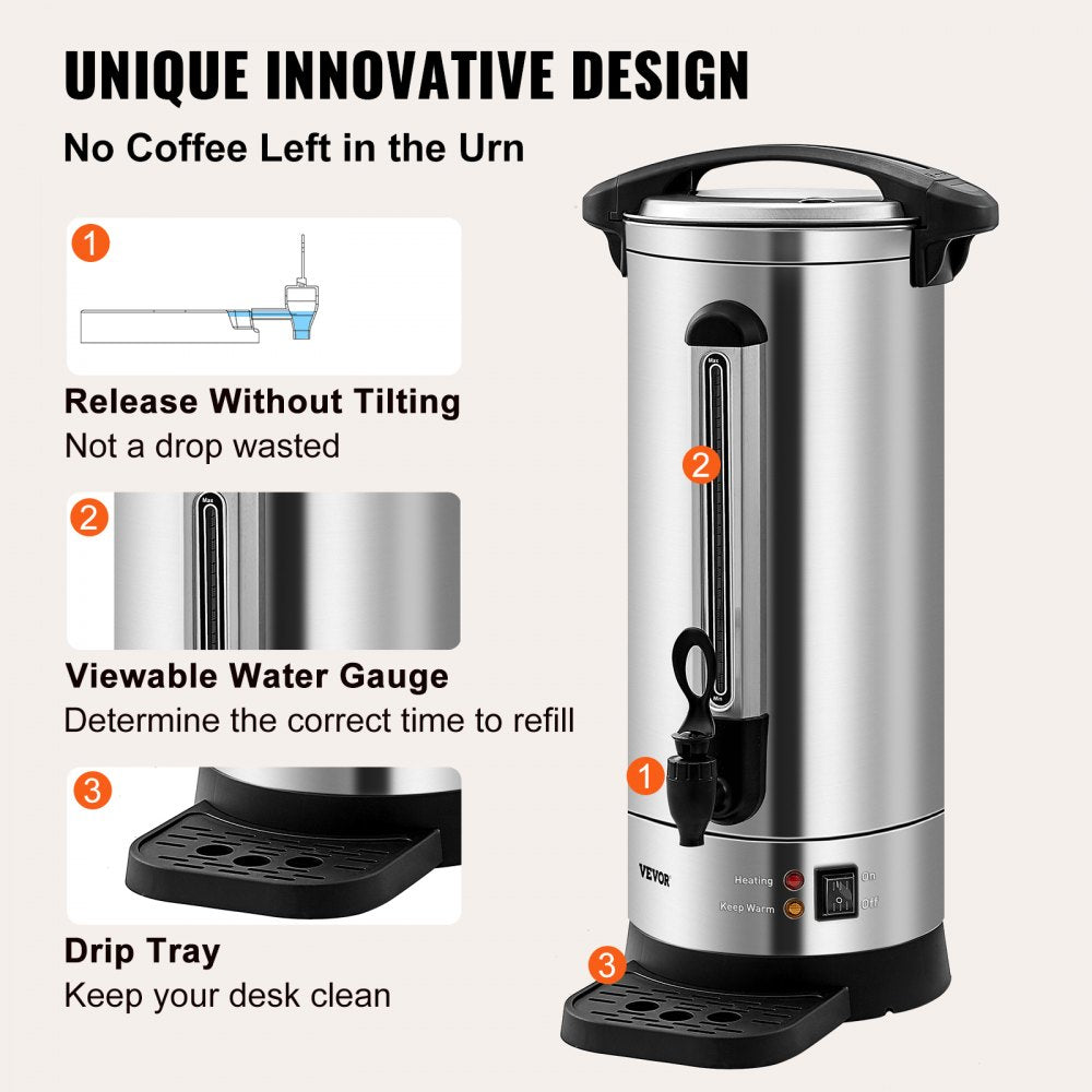 VEVOR Commercial Coffee Urn, 110 Cups Stainless Steel Large Coffee Dispenser, 1500W 110V Electric Coffee Maker Urn For Quick Brewing, Hot Water Urn with Detachable Power Cord for Easy Cleaning, Silver