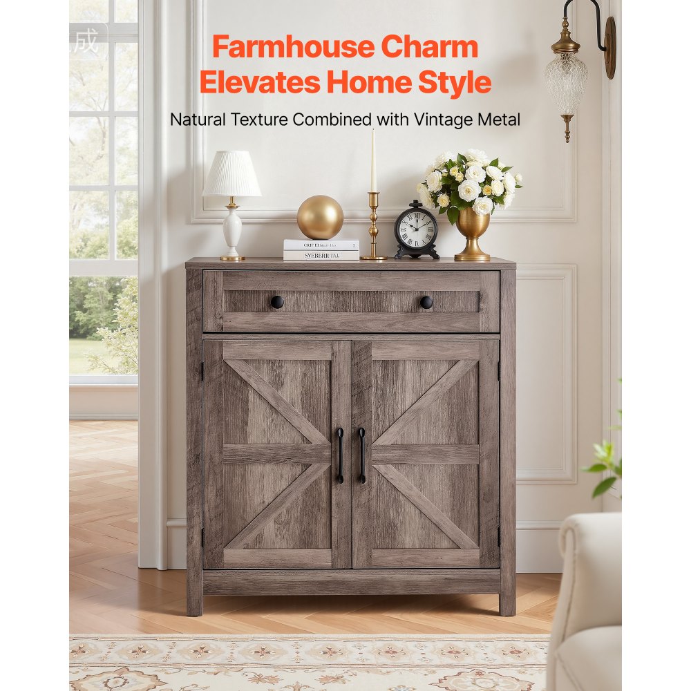 VEVOR Coffee Bar Cabinet, Farmhouse Coffee Bar Table with Drawer, Buffet Stand Cabinet with 2 Barn Doors, Sideboard Buffet Station for Living Room, Entryway, Kitchen, 29.5 x 14.7 x 31.5 in, Grey