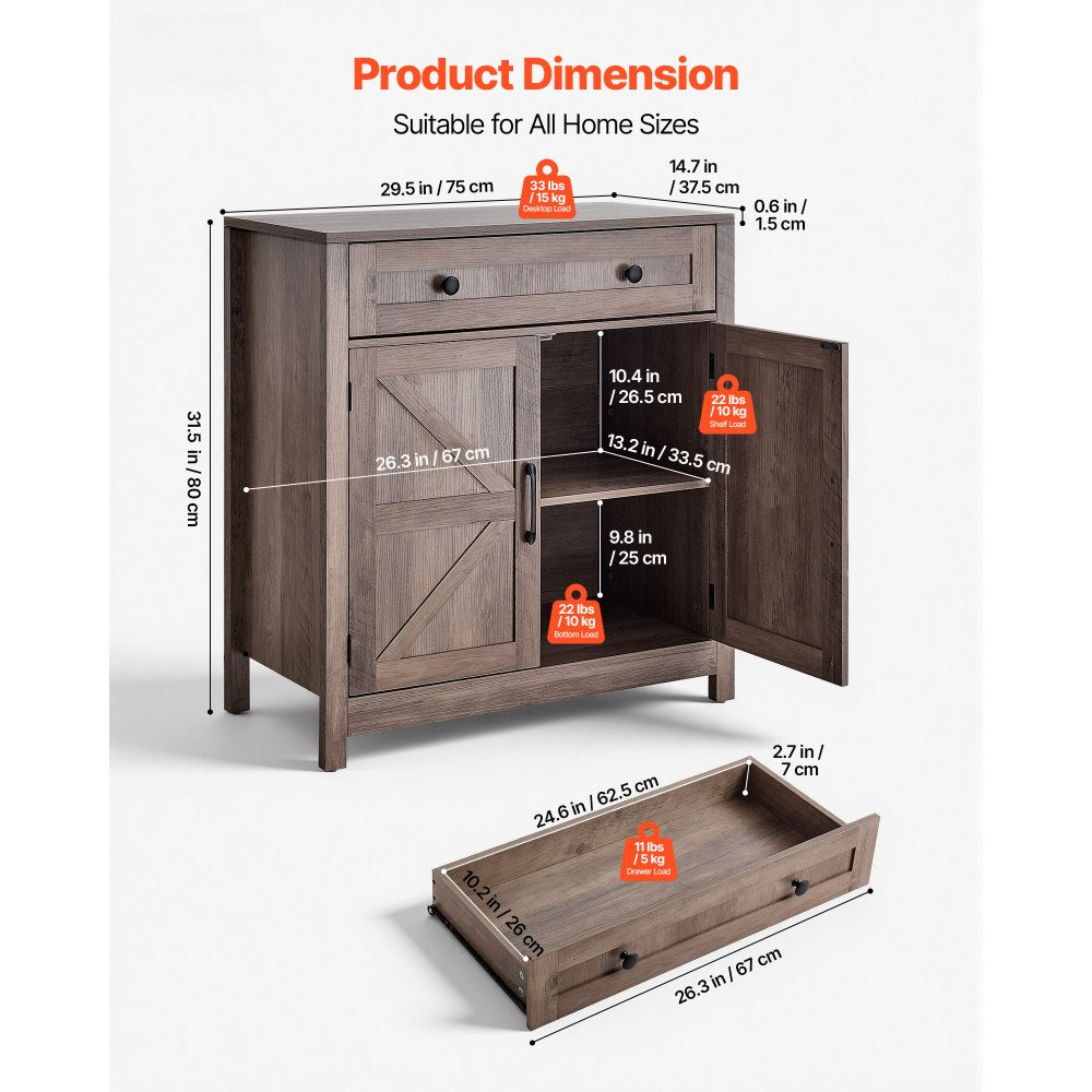 VEVOR Coffee Bar Cabinet, Farmhouse Coffee Bar Table with Drawer, Buffet Stand Cabinet with 2 Barn Doors, Sideboard Buffet Station for Living Room, Entryway, Kitchen, 29.5 x 14.7 x 31.5 in, Grey