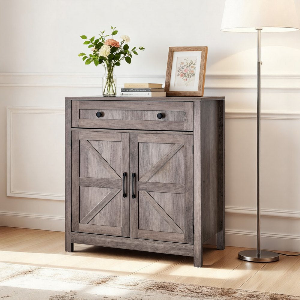 VEVOR Coffee Bar Cabinet, Farmhouse Coffee Bar Table with Drawer, Buffet Stand Cabinet with 2 Barn Doors, Sideboard Buffet Station for Living Room, Entryway, Kitchen, 29.5 x 14.7 x 31.5 in, Grey