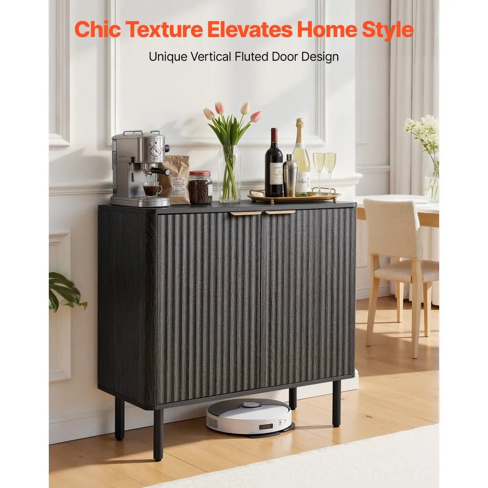VEVOR Coffee Bar Cabinet, Mid Century Fluted Coffee Bar Table with 2-Tier Storage, Buffet Stand Cabinet with Barn Door, Sideboard Buffet Station for Living Room, Entryway, 31.5 x 14.7 x 31.5 in, Black