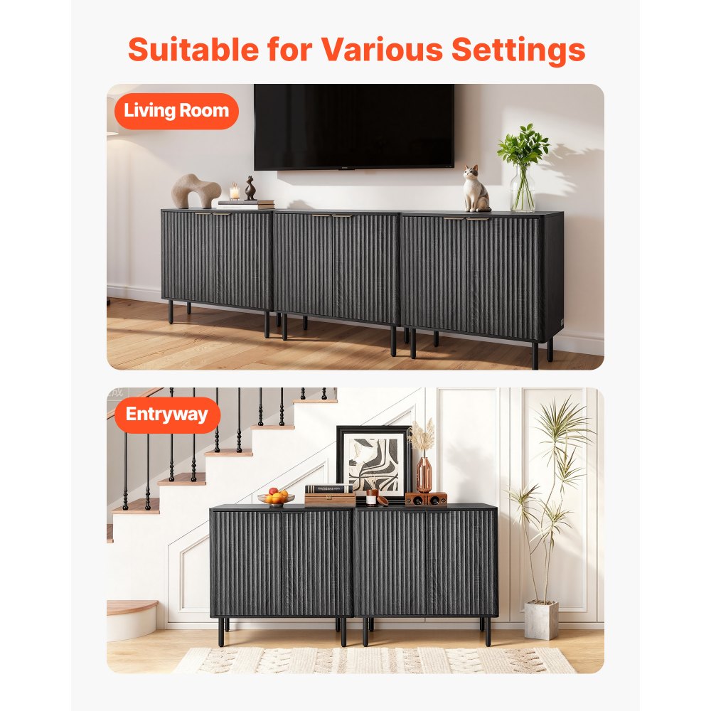 VEVOR Coffee Bar Cabinet, Mid Century Fluted Coffee Bar Table with 2-Tier Storage, Buffet Stand Cabinet with Barn Door, Sideboard Buffet Station for Living Room, Entryway, 31.5 x 14.7 x 31.5 in, Black