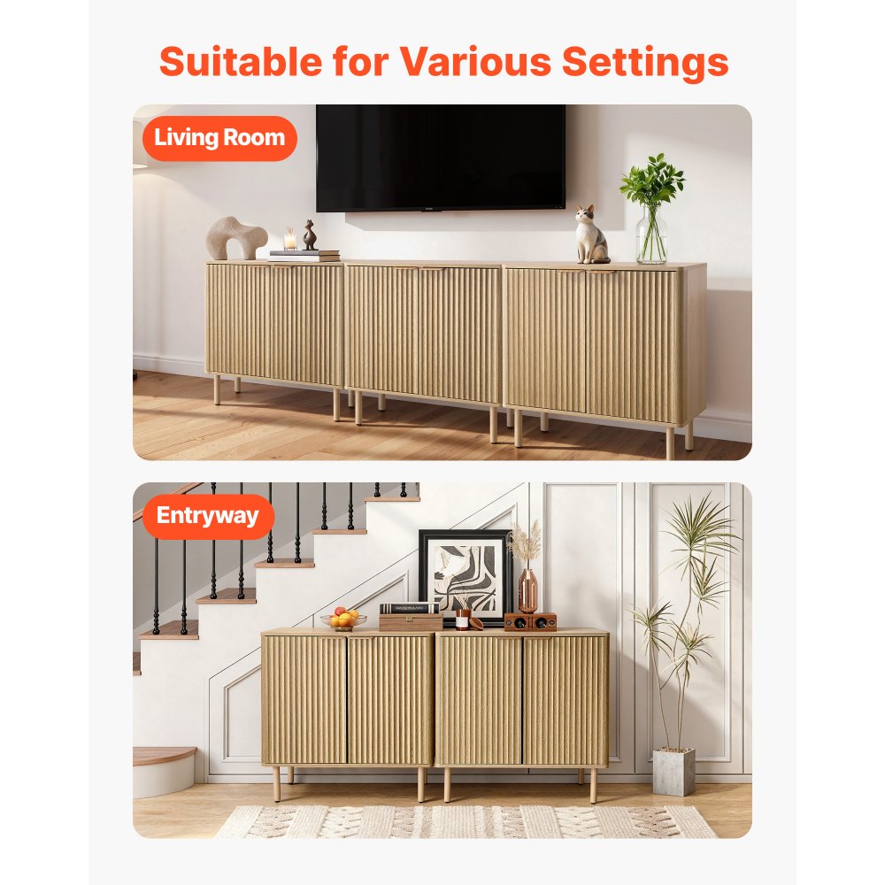 VEVOR Coffee Bar Cabinet, Mid Century Fluted Coffee Bar Table with 2-Tier Storage, Buffet Stand Cabinet with 2 Barn Door, Sideboard Buffet Station for Living Room, Entryway, 31.5 x 14.7 x 31.5 in, Oak